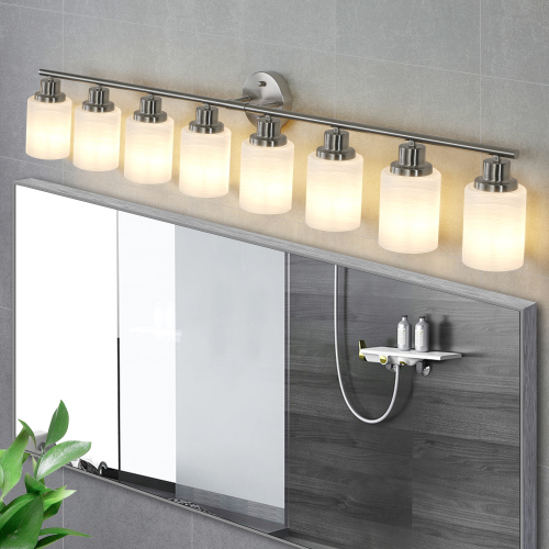 52" Modern 8-Light Vanity Wall Sconce, Golden Finish with Frosted Glass Shades for Bathroom or Hallway Lighting (No Bulbs)、、eastwooduniform
