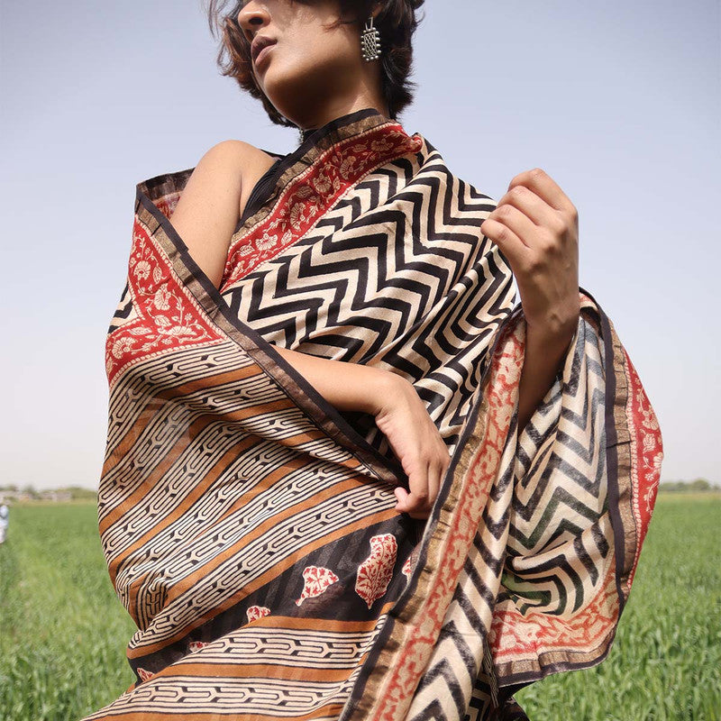 Festive Wear | Chanderi Bagru Printed Saree | Beige & Black、mySite、camillekostekn