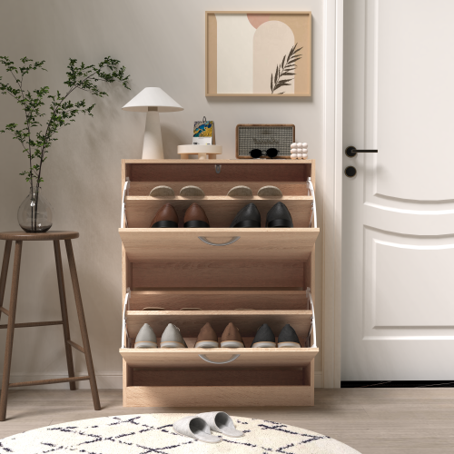 Wooden Shoe Cabinet for Entryway, White Shoe Storage Cabinet with 3 Flip Doors 20.94x9.45x43.11 inch、、casual
