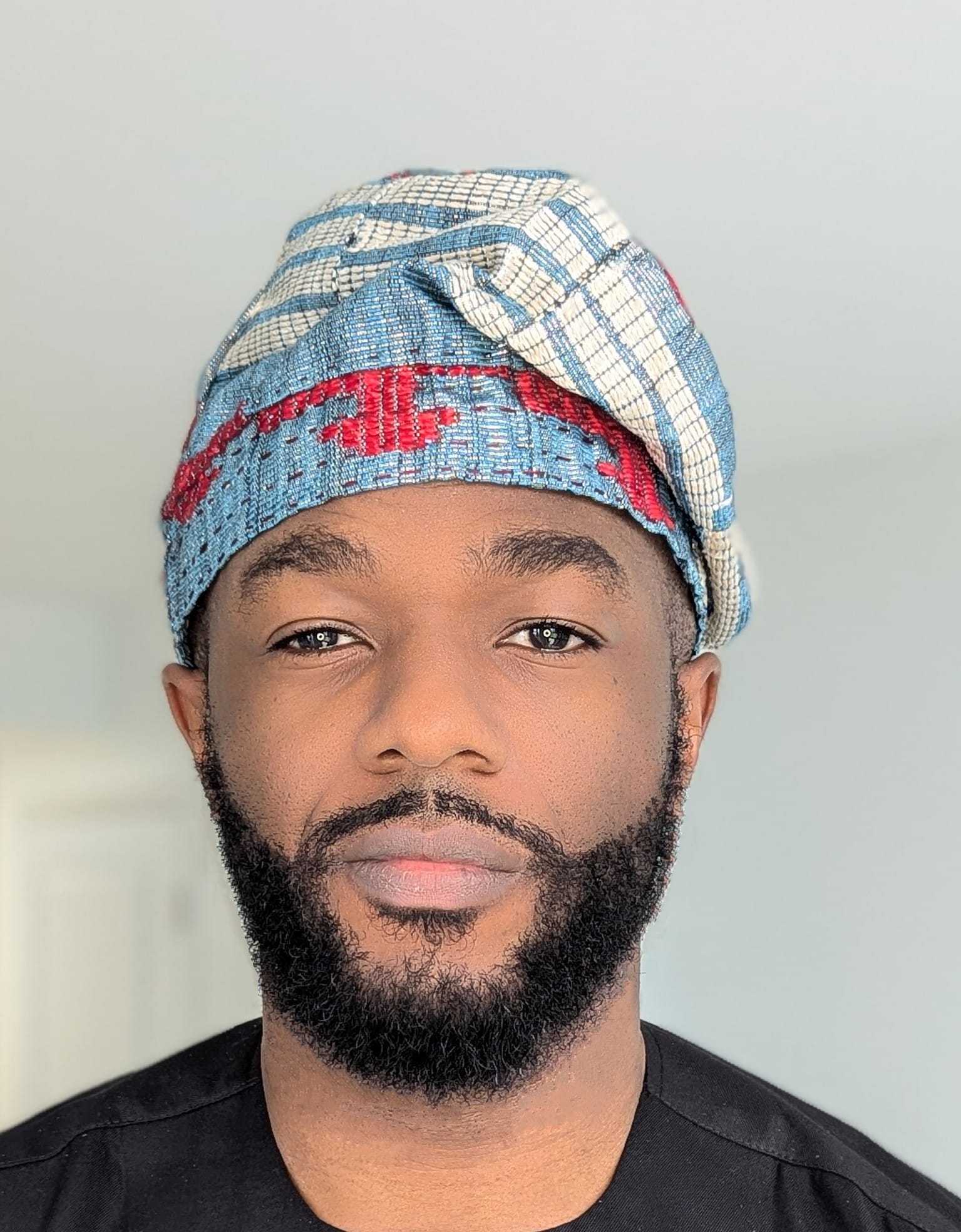 Dupsie's A峁ａ� Ayanfe Light Blue with Beige and Red Patterns African Aso Oke Fila Kufi Cap Hat DPAHLBBR1、mySite、solidvoid