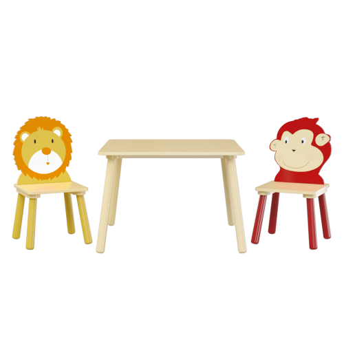 Kids Table and 2 Chairs Set, 3 Pieces Toddler Table and Chair Set, Wooden Activity Play Table Set (Lion&Monkey)、、casual