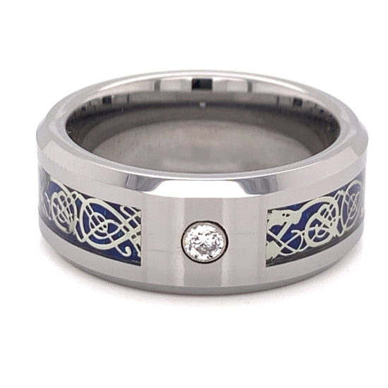 Blue Decorative Center With Clear CZ Stone Tungsten Comfort Fit Ring / TGR1014、mySite、dreamappss