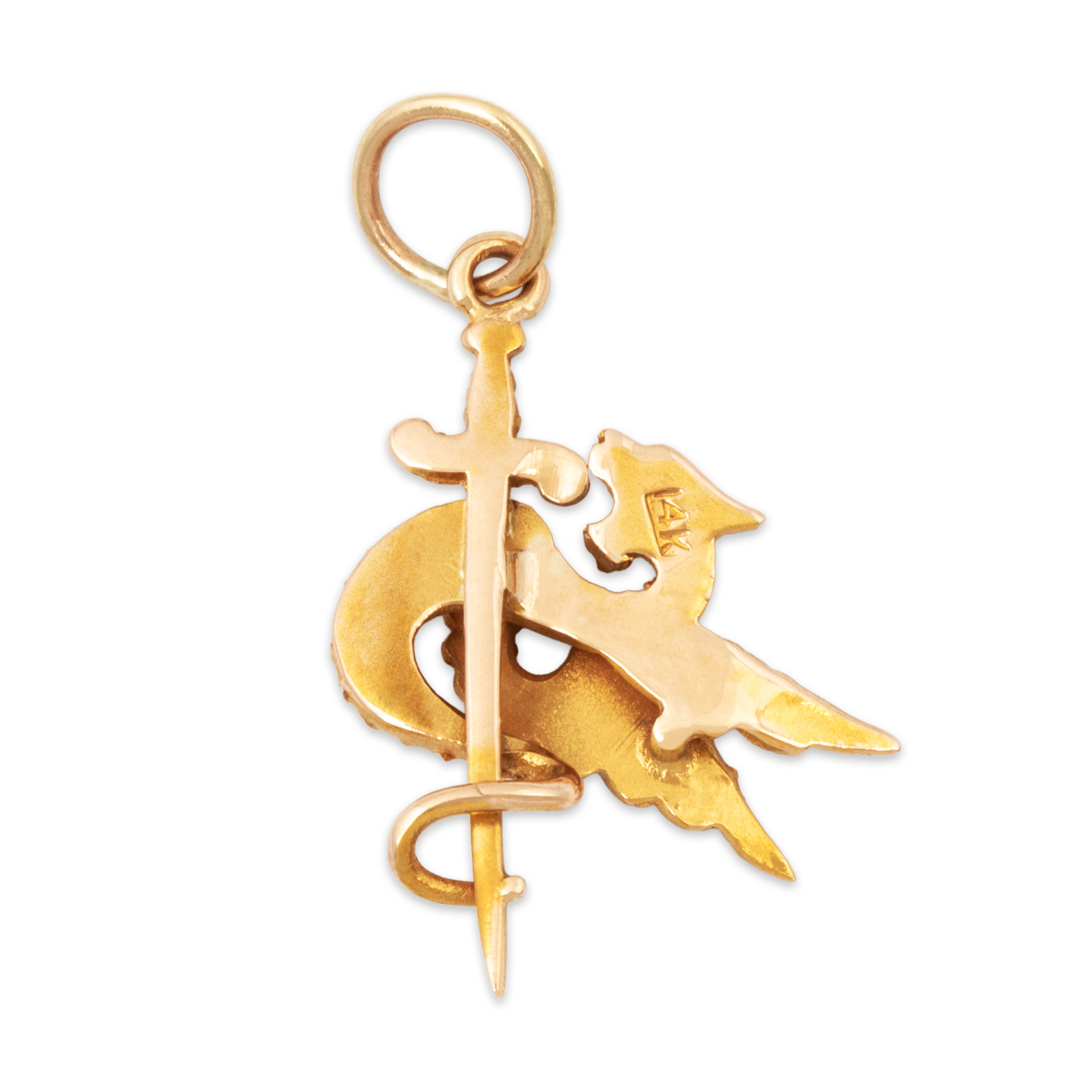 Antique 14k Yellow Gold Synthetic Ruby Fabulous Dragon & Sword Charm / Pendant、mySite、hinf8tx79