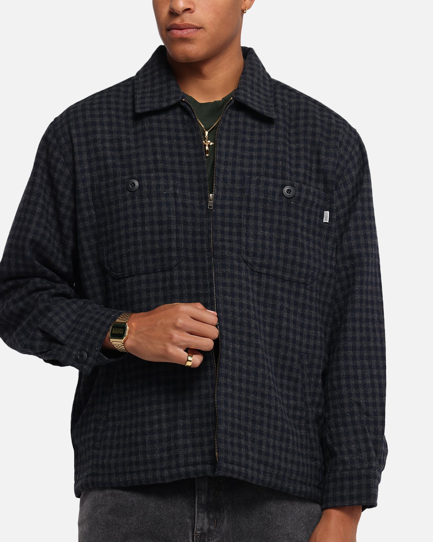 S Double Plaid Zip Through Long Sleeve Shirt Brown、mySite、zt4zffjzw