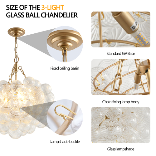 23.6-Inch Gold Pendant Light Chandelier with Threaded Clear Glass Globe Shade – Adjustable Height, Ideal for Living Room, Dining Room, Kitchen (No Bulbs)、、eastwooduniform