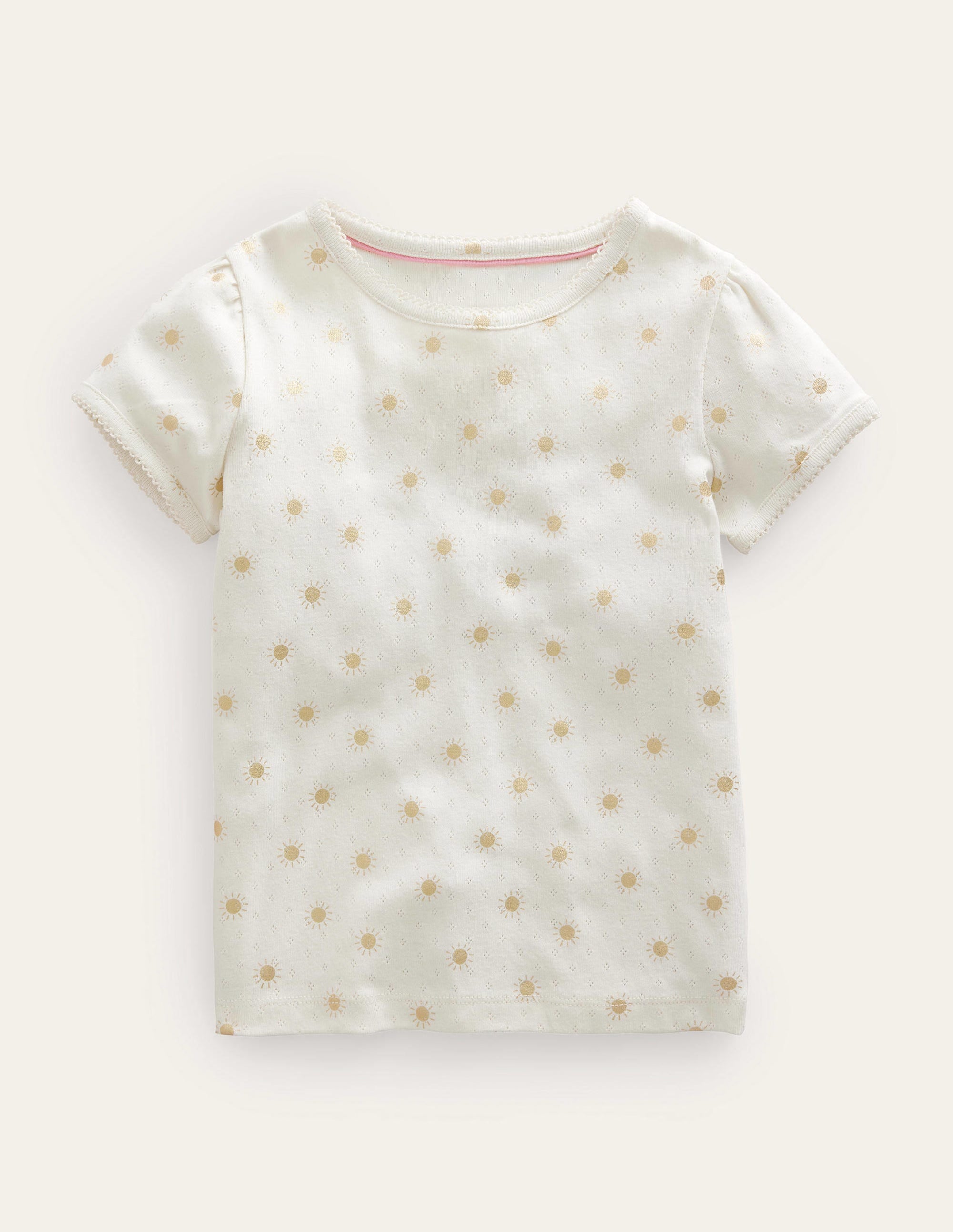  Short-Sleeved Pointelle Top-Ivory/Gold Suns、mySite、ashleygrahame