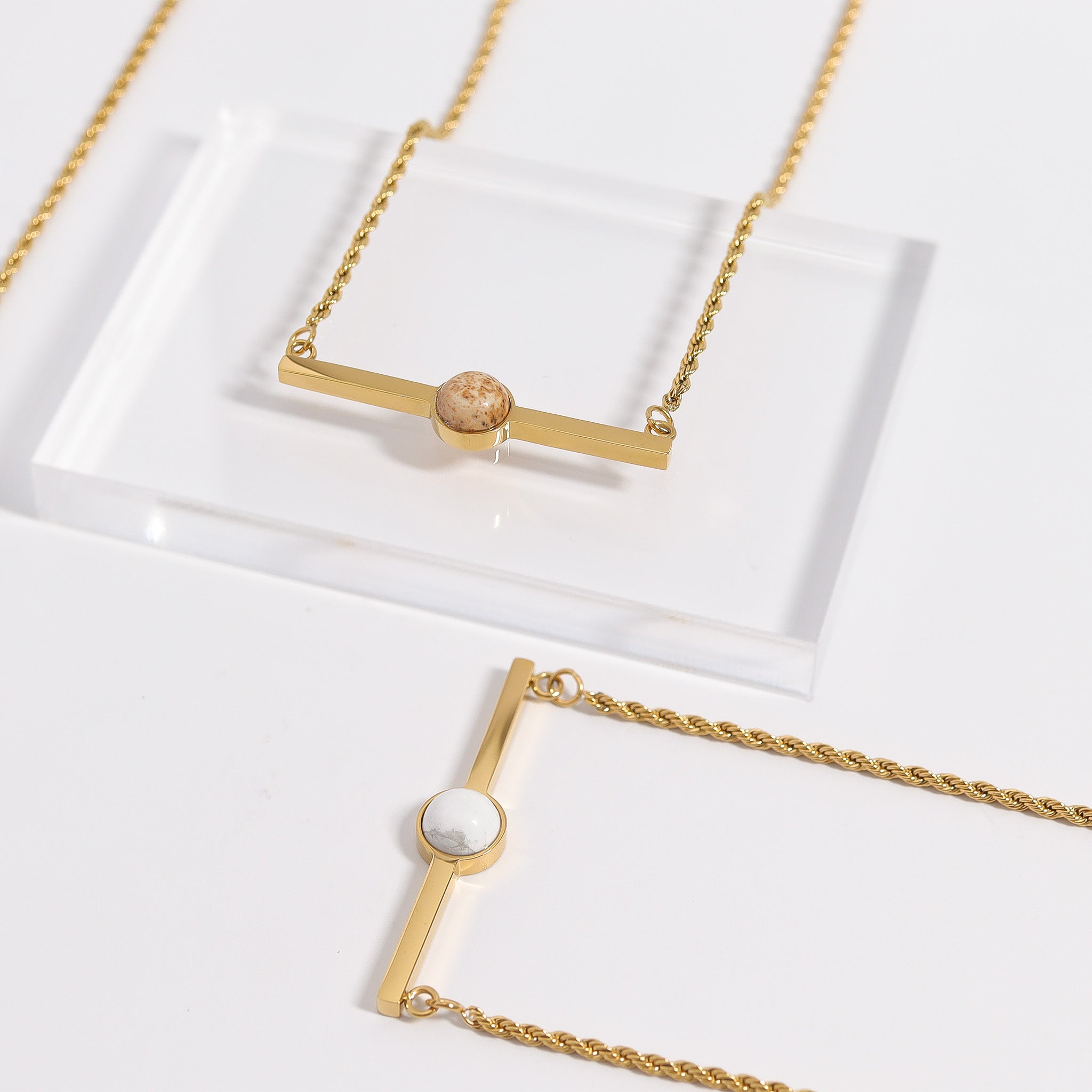 18K Gold PVD Stainless Steel Semi Precious Natural Stone Bar Necklace / CHN9965、mySite、dreamappss