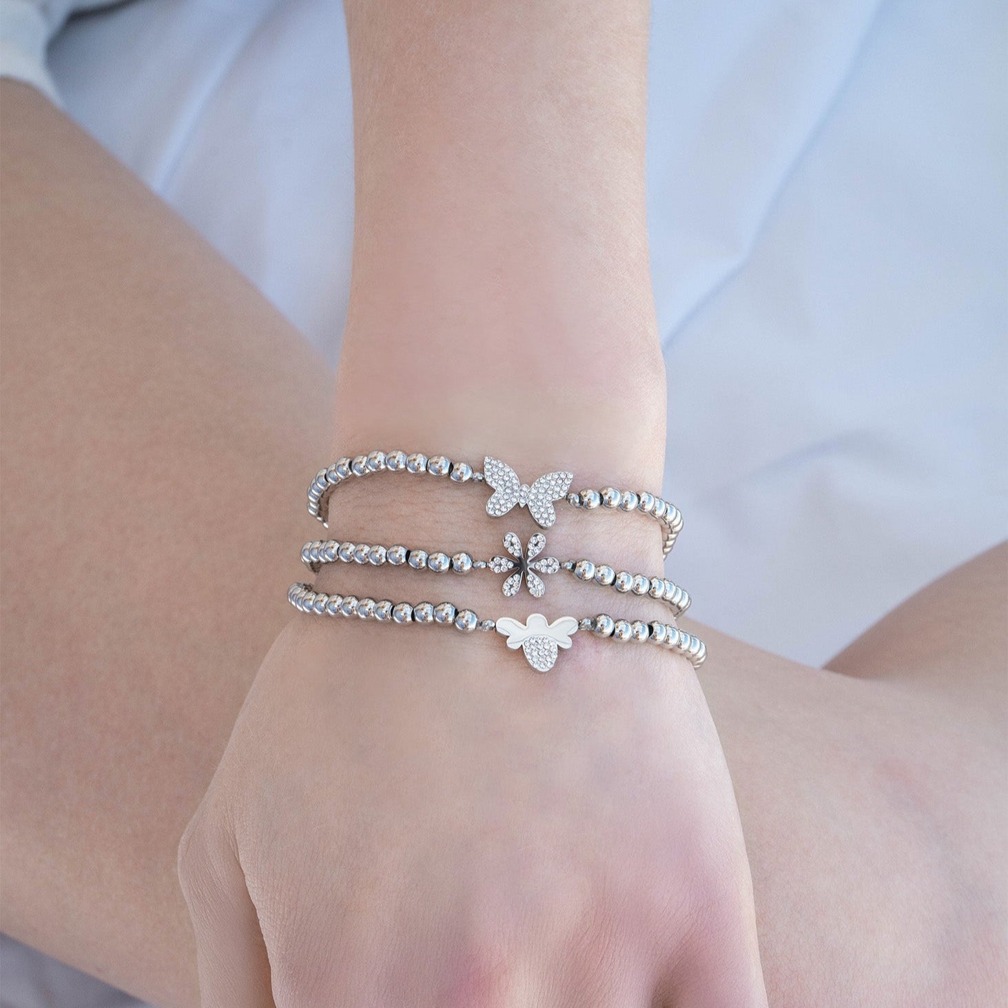 18K Gold PVD Stainless Steel Stone Flower Metal Beaded Stretch Bracelet / BRJ1020、mySite、dreamappss