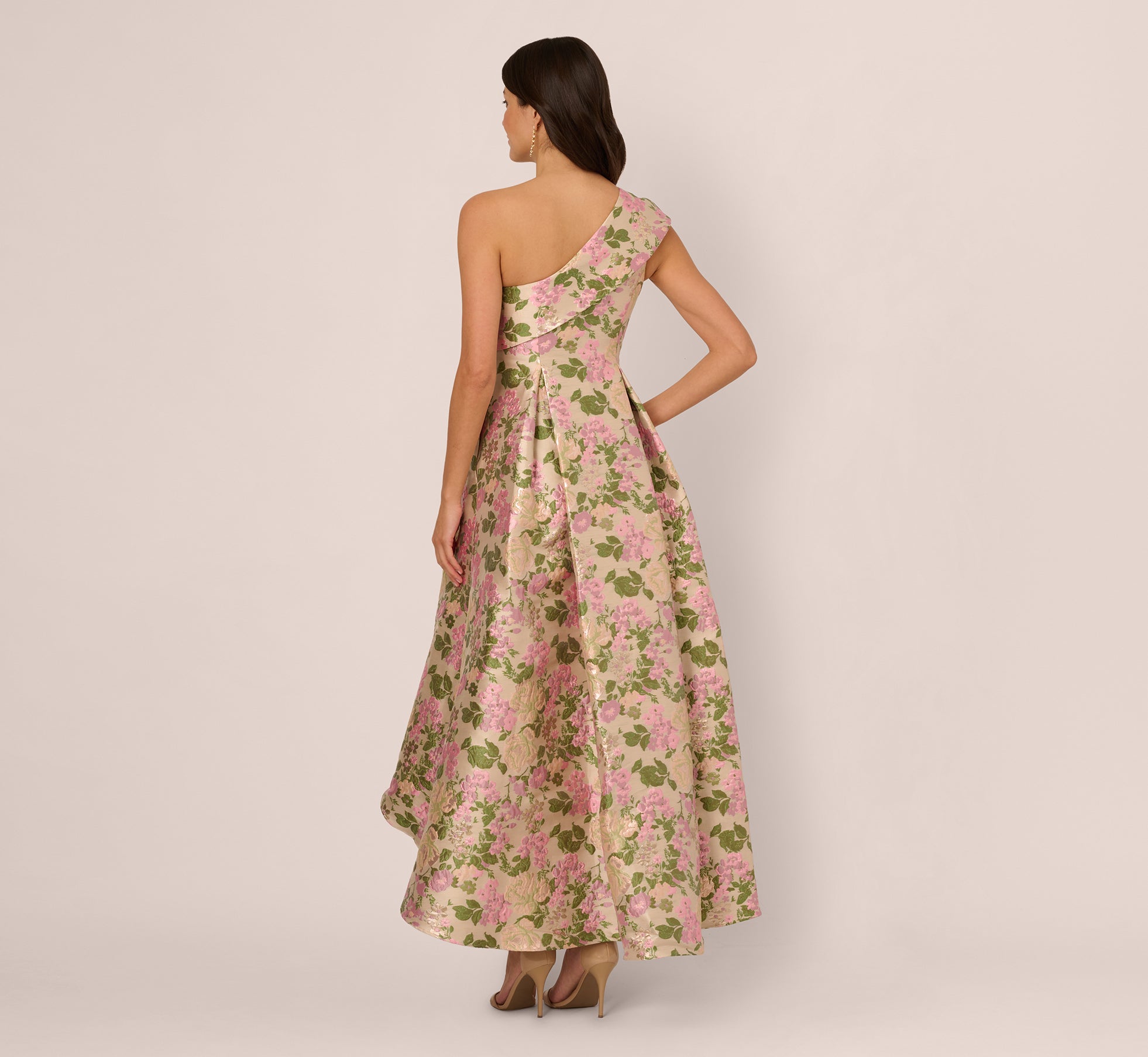 One Shoulder Metallic Floral Jacquard High Low Gown In Pink Green Multi、mySite、solidvoid