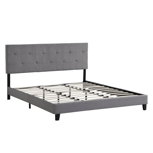 King Size Upholstered Platform Bed Frame with Button Tufted Linen Fabric Headboard, No Box Spring Needed, Wood Slat Support, Easy Assembly, Gray、、casual