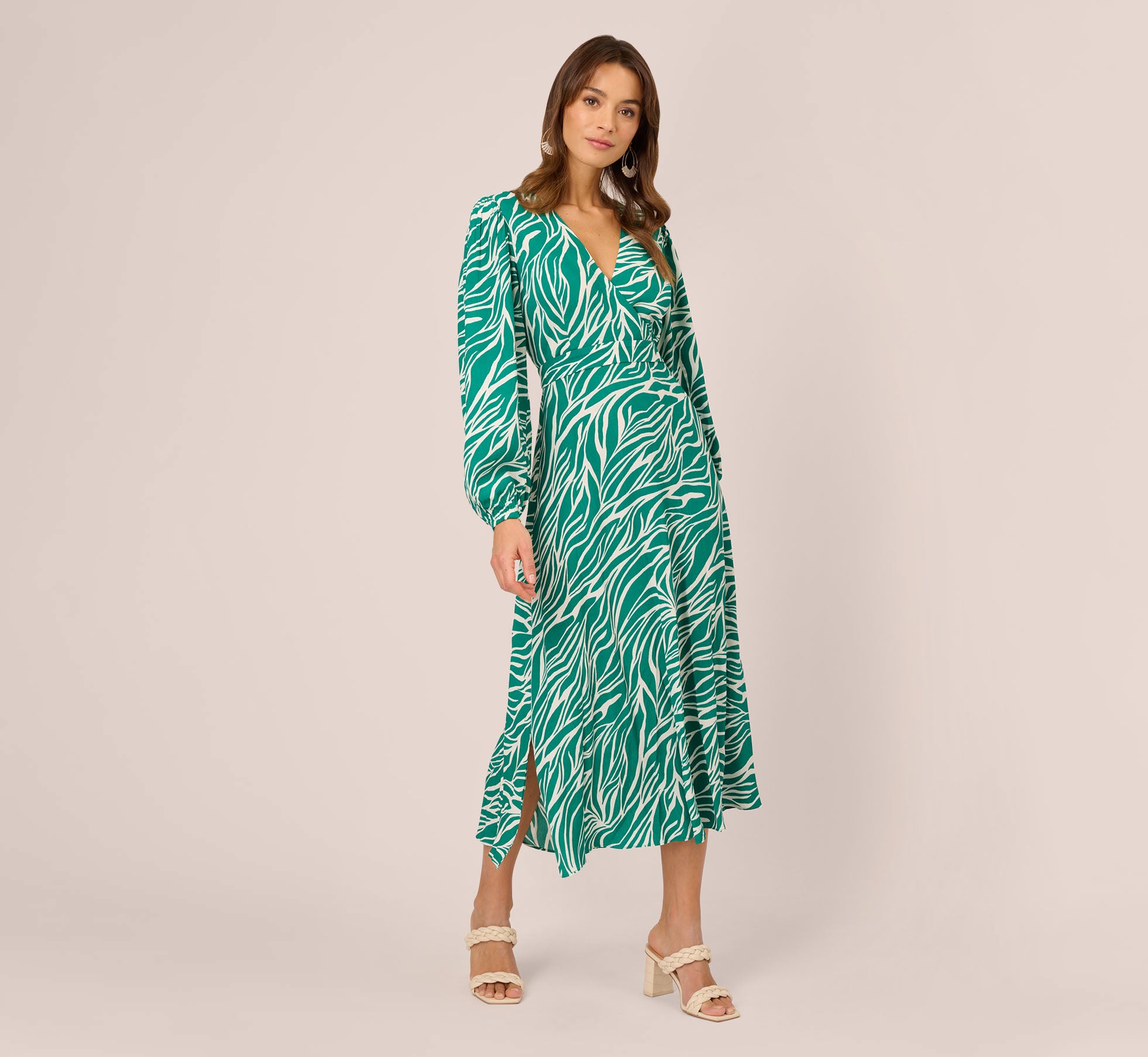 Printed Faux Wrap Dress With Bishop Long Sleeves In Green Ivory、mySite、solidvoid