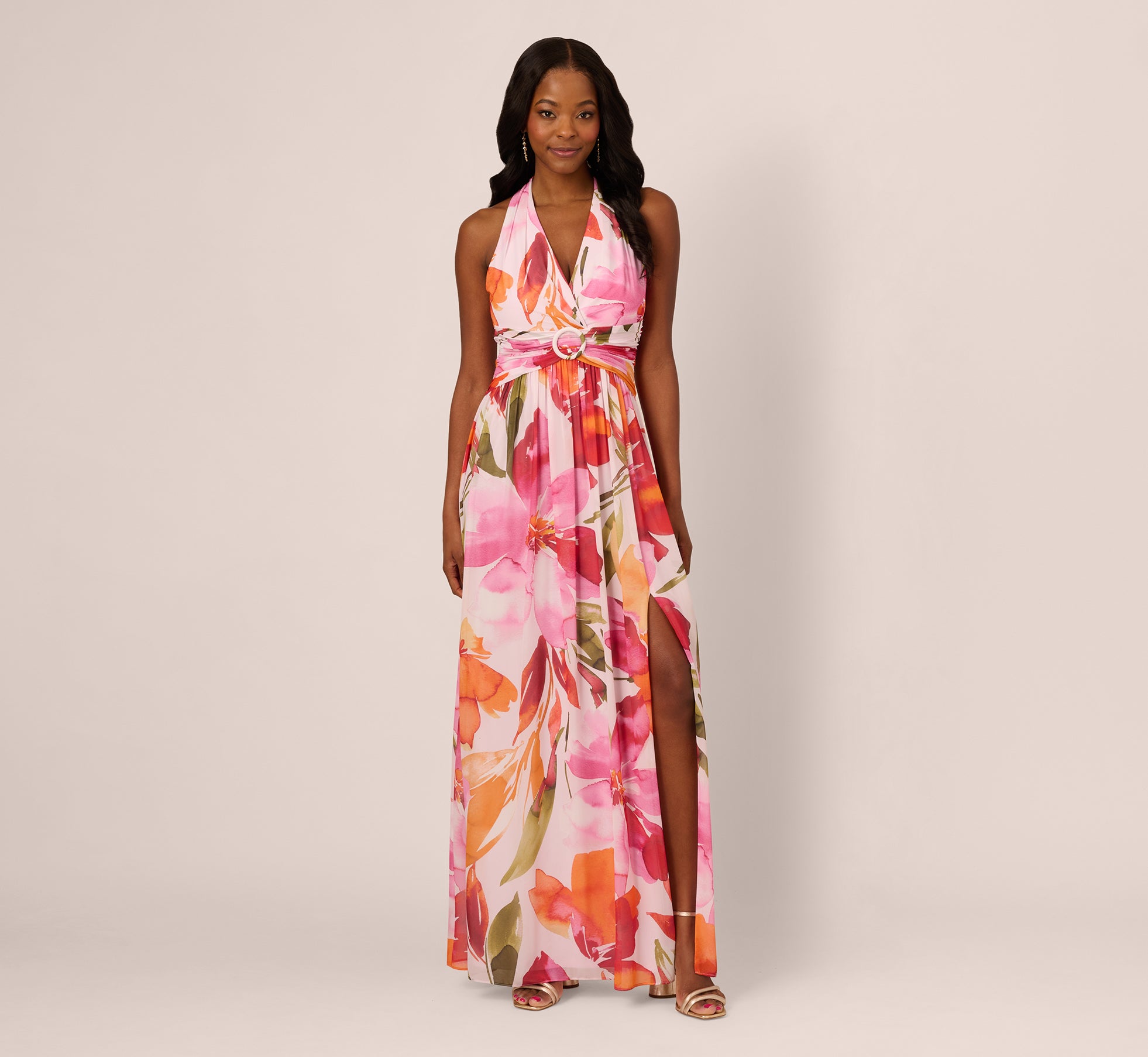 Sleeveless Surplice Floral Chiffon Gown In Pink Orange Multi、mySite、solidvoid