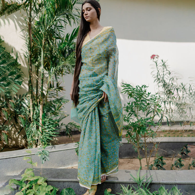 Festive Wear | Kota Doria Sanganeri Print Saree | Green、mySite、camillekostekn