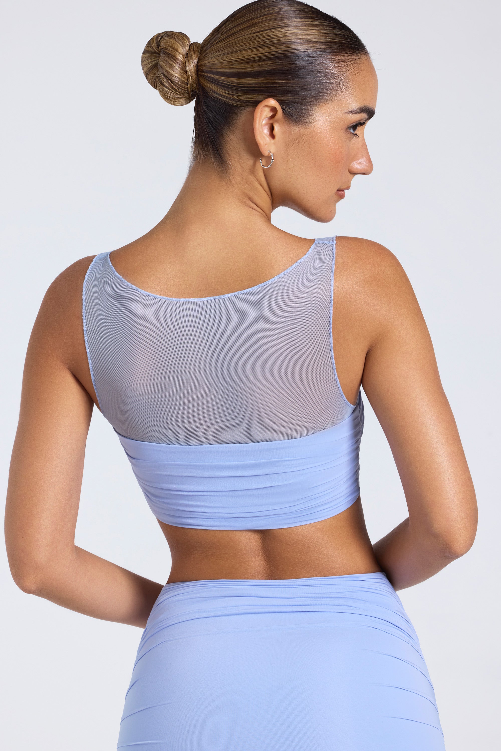 Sheer Panelled Ruched Crop Top in Periwinkle Blue、mySite、solidvoid