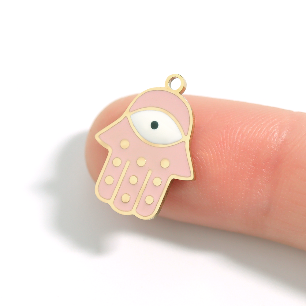 18K Gold PVD Stainless Steel Epoxy Pink Hamsa Hand Evil Eye Charm / PDL0011、mySite、dreamappss