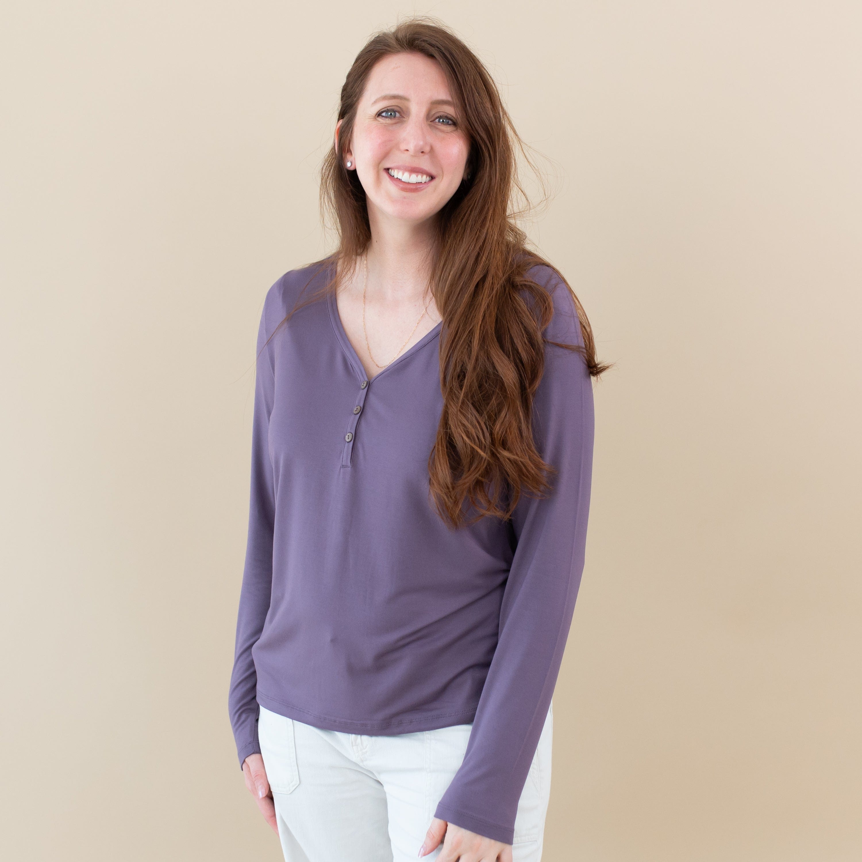  Women's Long Sleeve Henley Tee in Currant、mySite、layawaytickets