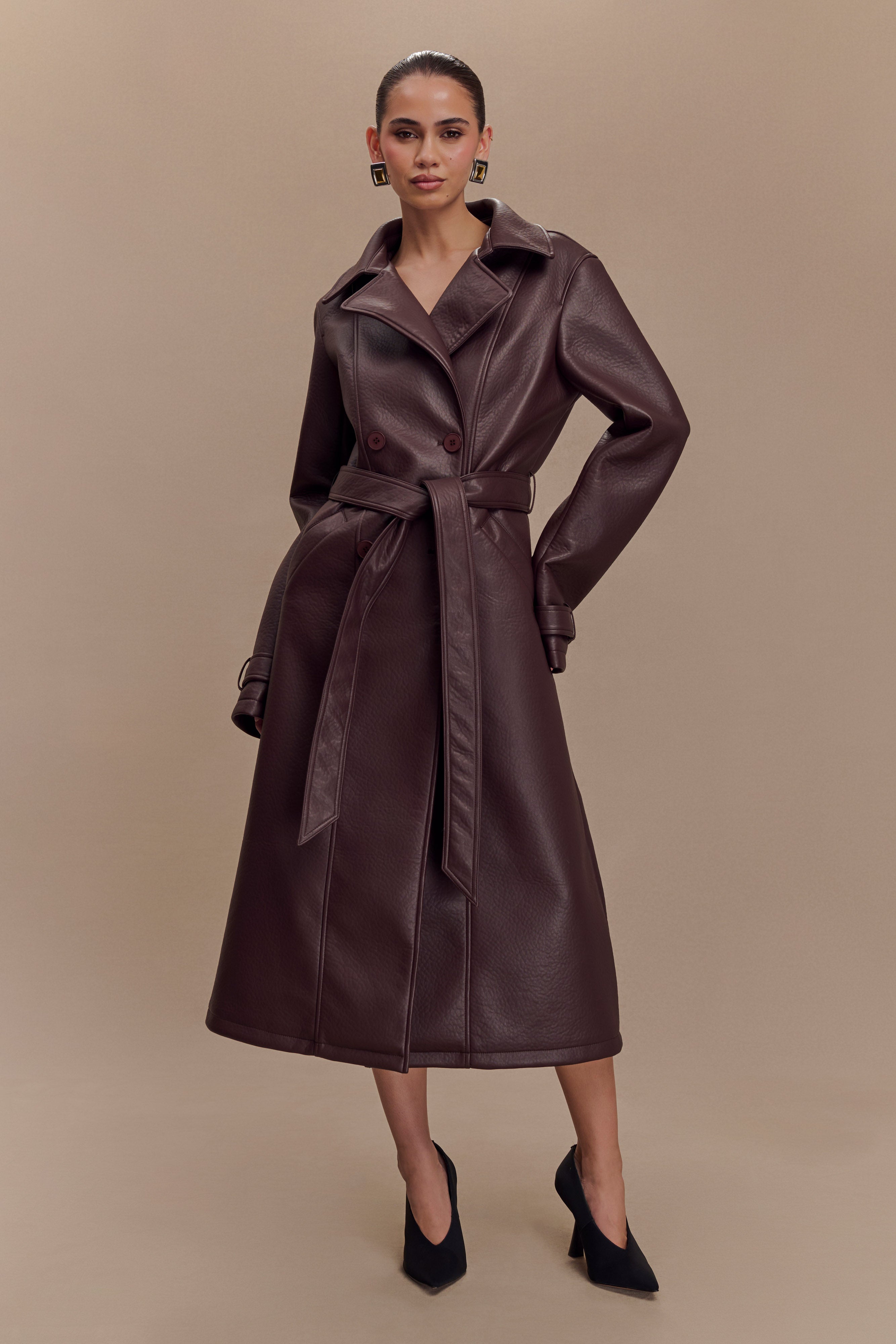 Tarah Faux Leather Trench Coat - Cacao Brown、mySite、solidvoid