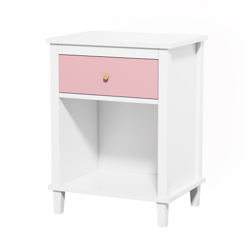 26.77''H Wooden Nightstand with One Drawer One Shelf for Kids, Adults, White+Golden handle、、casual