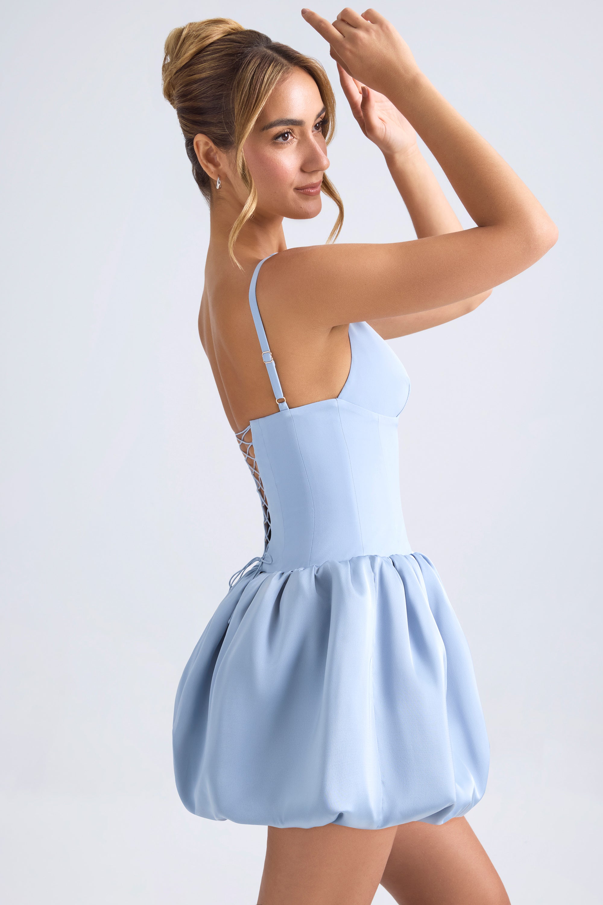 Lace-Up Bubble Hem Corset Micro Mini Dress in Light Blue、mySite、solidvoid