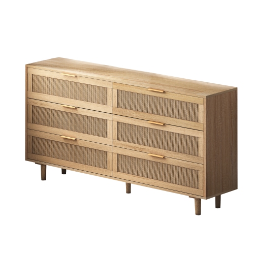 51.18"6-Drawers Rattan Storage Cabinet Rattan Drawer,for Bedroom,Living Room,Natural (Same SKU:W757P198980)、、casual