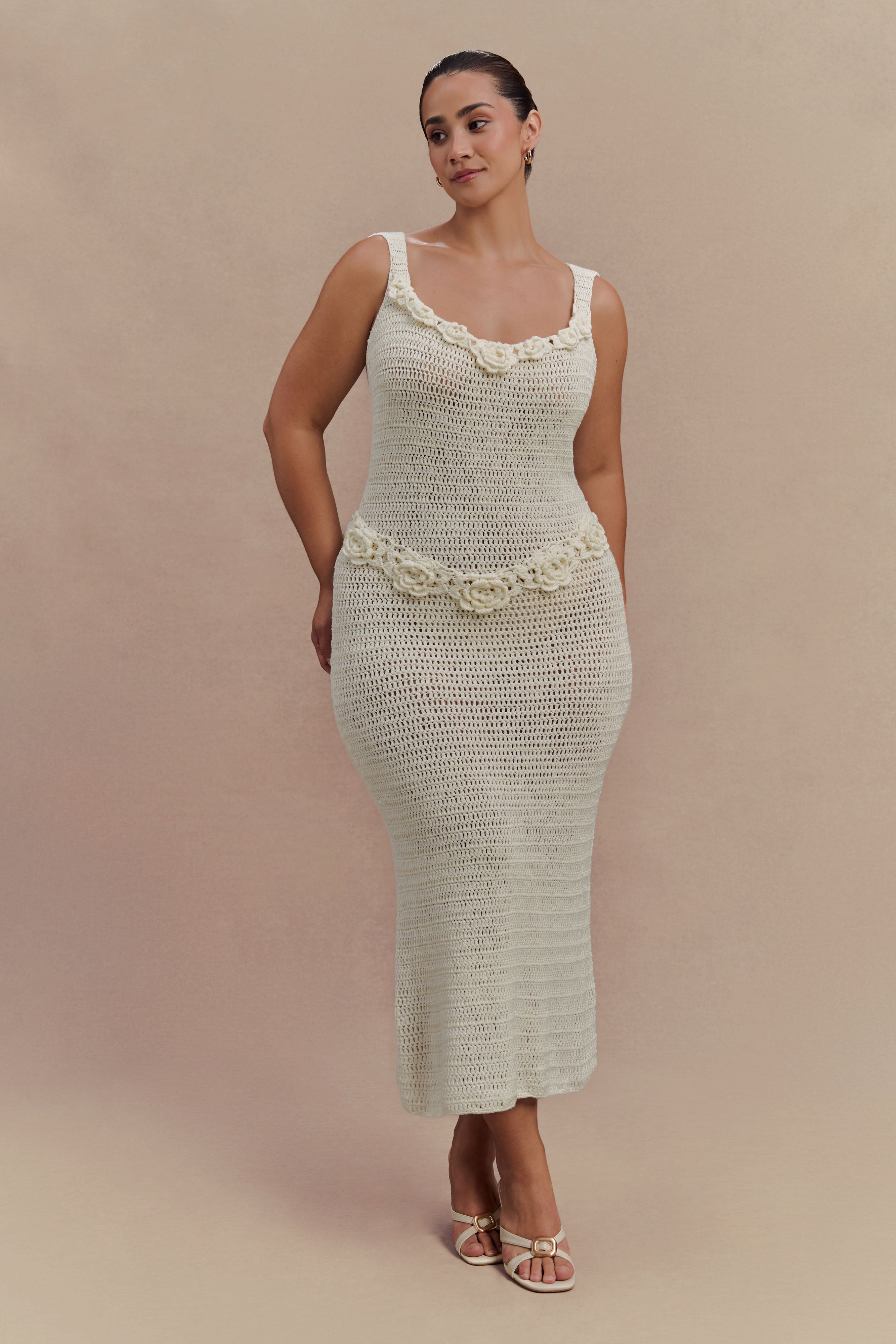 Teagan Floral Hand Crochet Midi Dress - Ivory、mySite、solidvoid