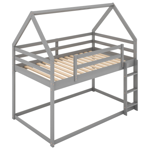 Twin over Twin Low Bunk Bed, House Bed with Ladder , Gray(OLD SKU:WF197808AAE)、、casual