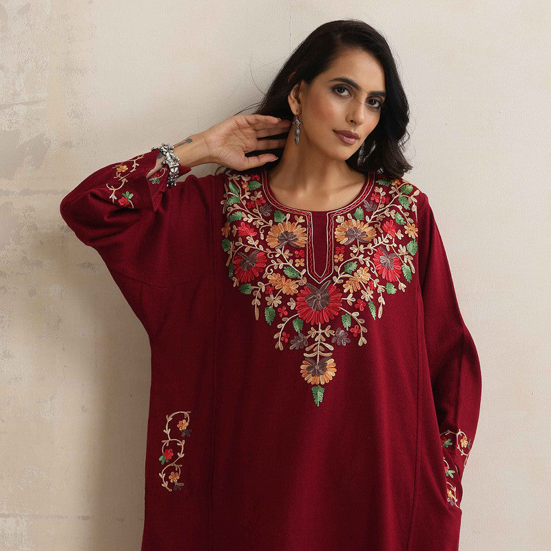 Woolen Kurta For Women | Floral Embroidered | Maroon、mySite、camillekostekn