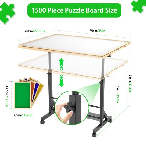 Wooden 1500 Piece Puzzle Table with Drawer, 35"*27.17" Adjustable Puzzle Table, 360° Tilting Puzzle Table with Legs and Wheels, Adjustable Height and Angle, with Protective Cover ( BACK TO SCHOOL )、、casual