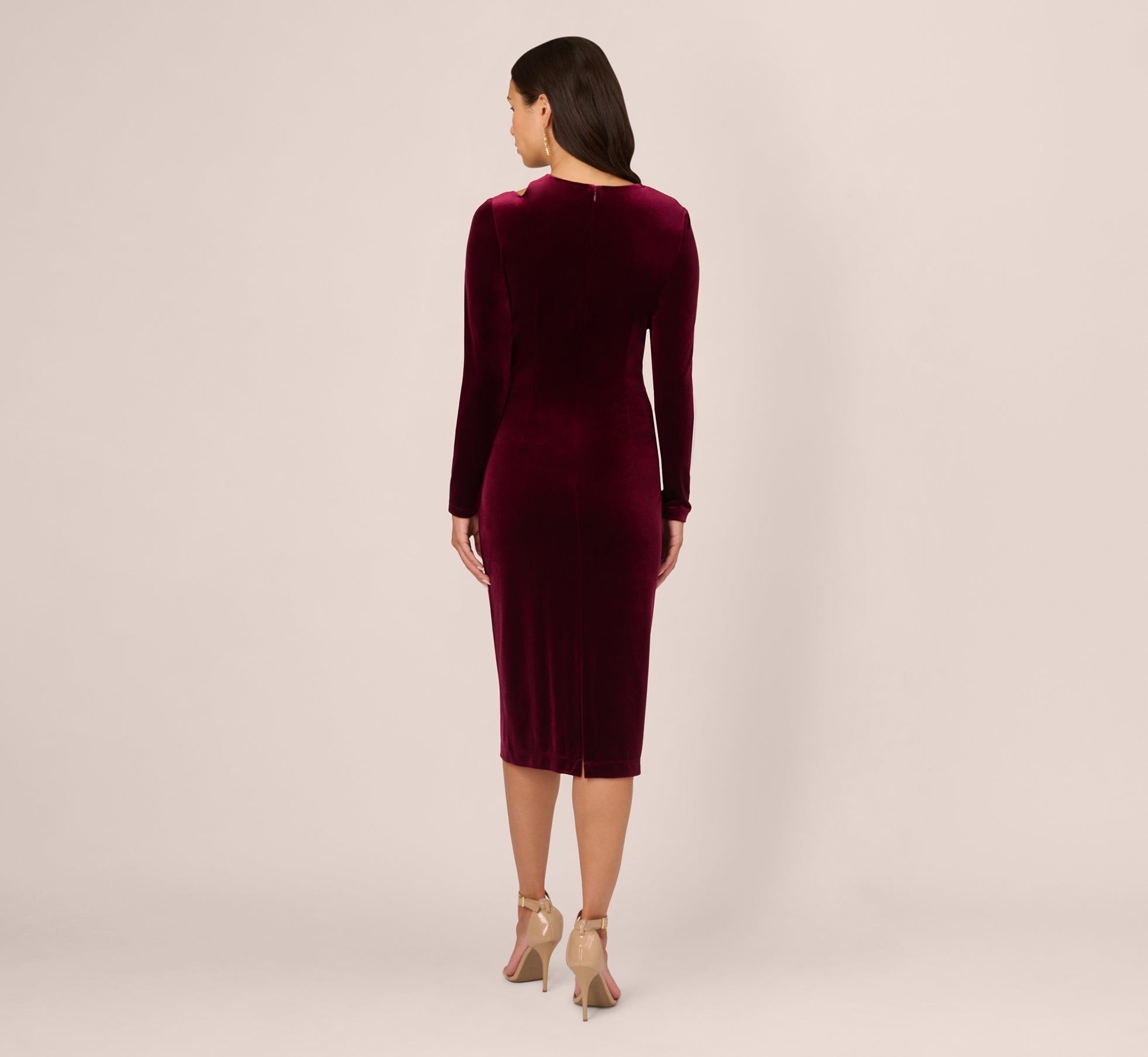 Long Sleeve Velvet Dress With Asymmetric Cutout Neckline In Burgundy、mySite、solidvoid