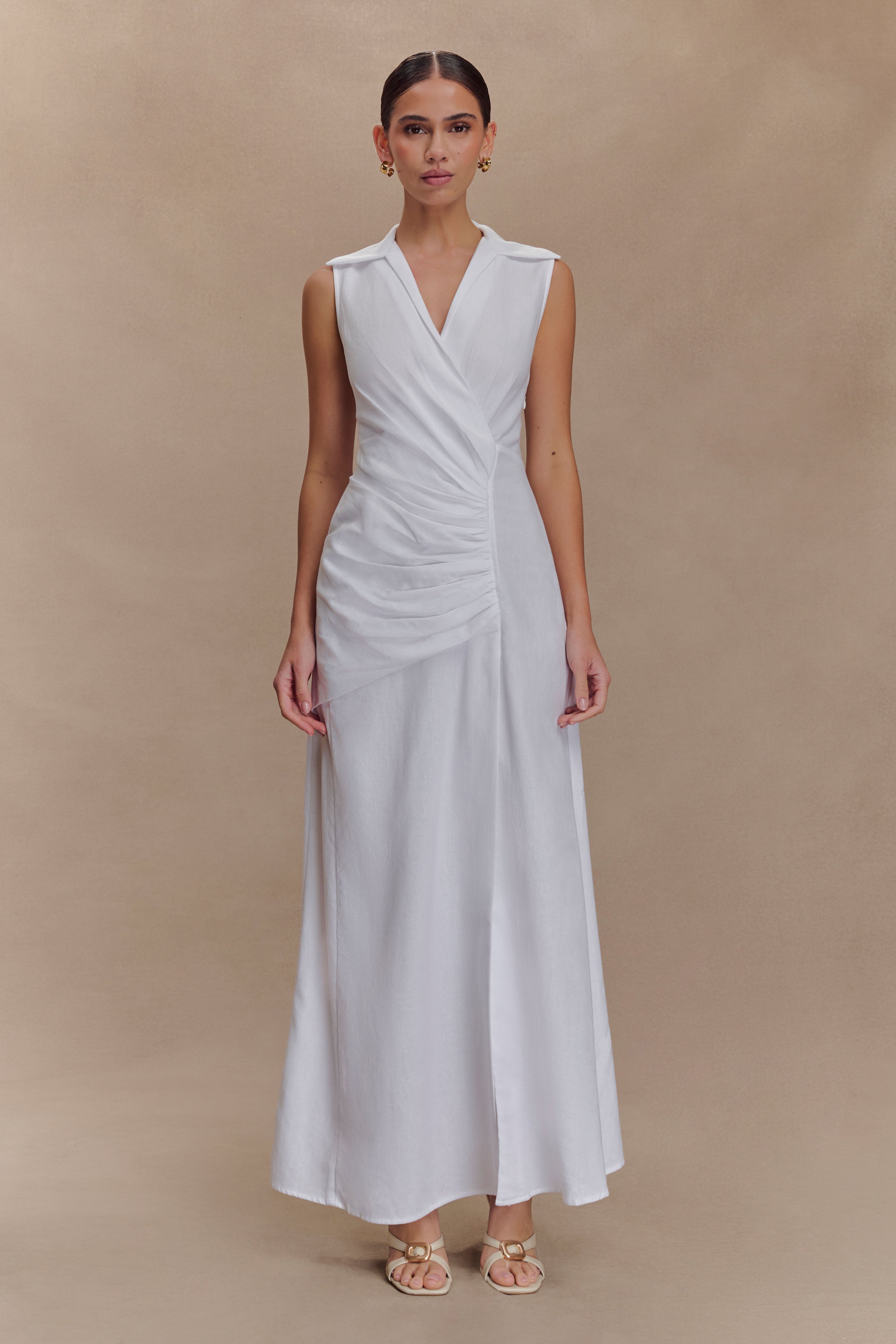 Dante Ruched Linen Midi Dress - White、mySite、solidvoid
