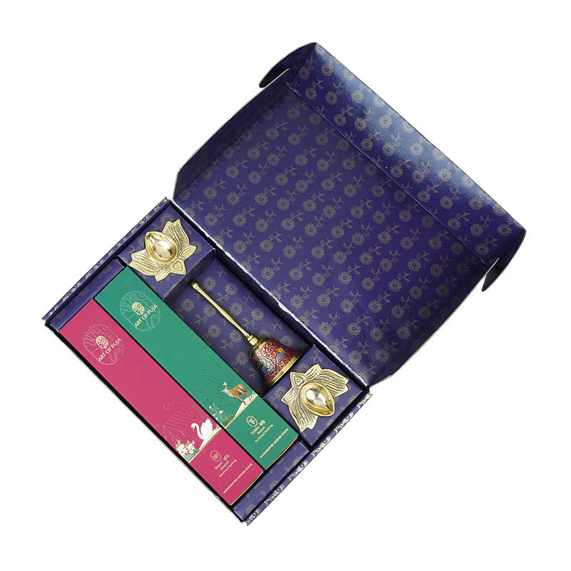 Wooden Festive Gift Box | Diyas, Pooja Bell & Incense Stick | Set of 5、mySite、camillekostekn