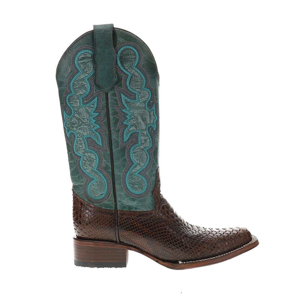 Chocolate Blue Embroidered Snakeskin Square Toe Pull On Cowboy Boots、mySite、gtrtttuynbv