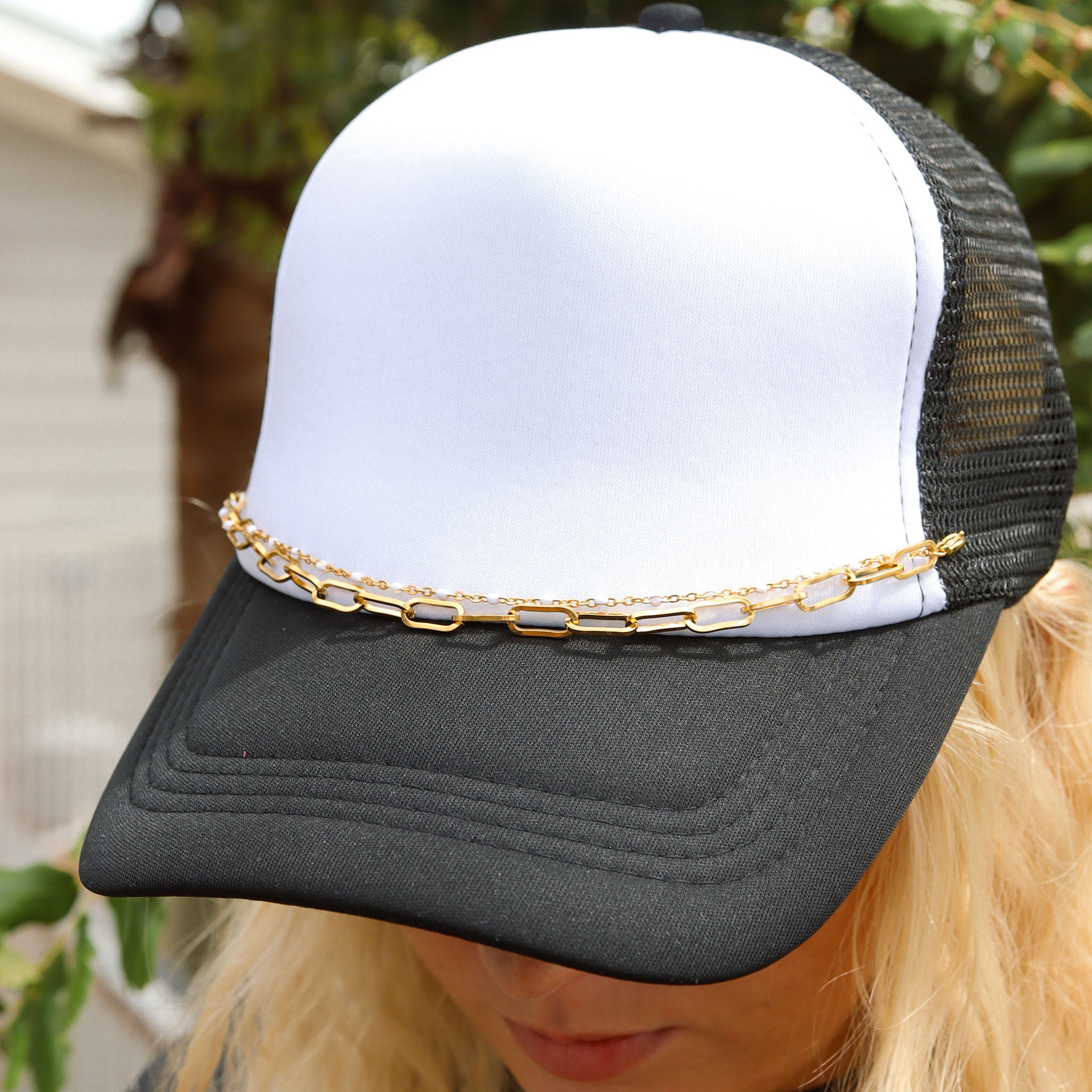 18K Gold PVD Stainless Steel Paperclip & Satellite Layered Trucker Hat Chain / CHN0032、mySite、dreamappss