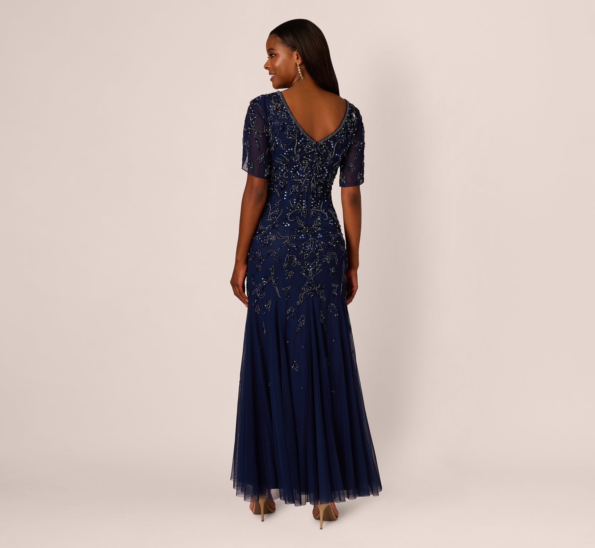 Beaded Mermaid Gown With Sheer Petal Sleeves In Light Navy、mySite、solidvoid
