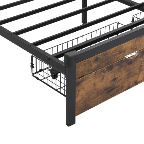 Full Size Metal Platform Bed Frame with Wooden Headboard and with Footboard USB,Charging Station,2 Drawers,storage, LED Lights, No Box Spring Needed, Easy Assemble、、casual