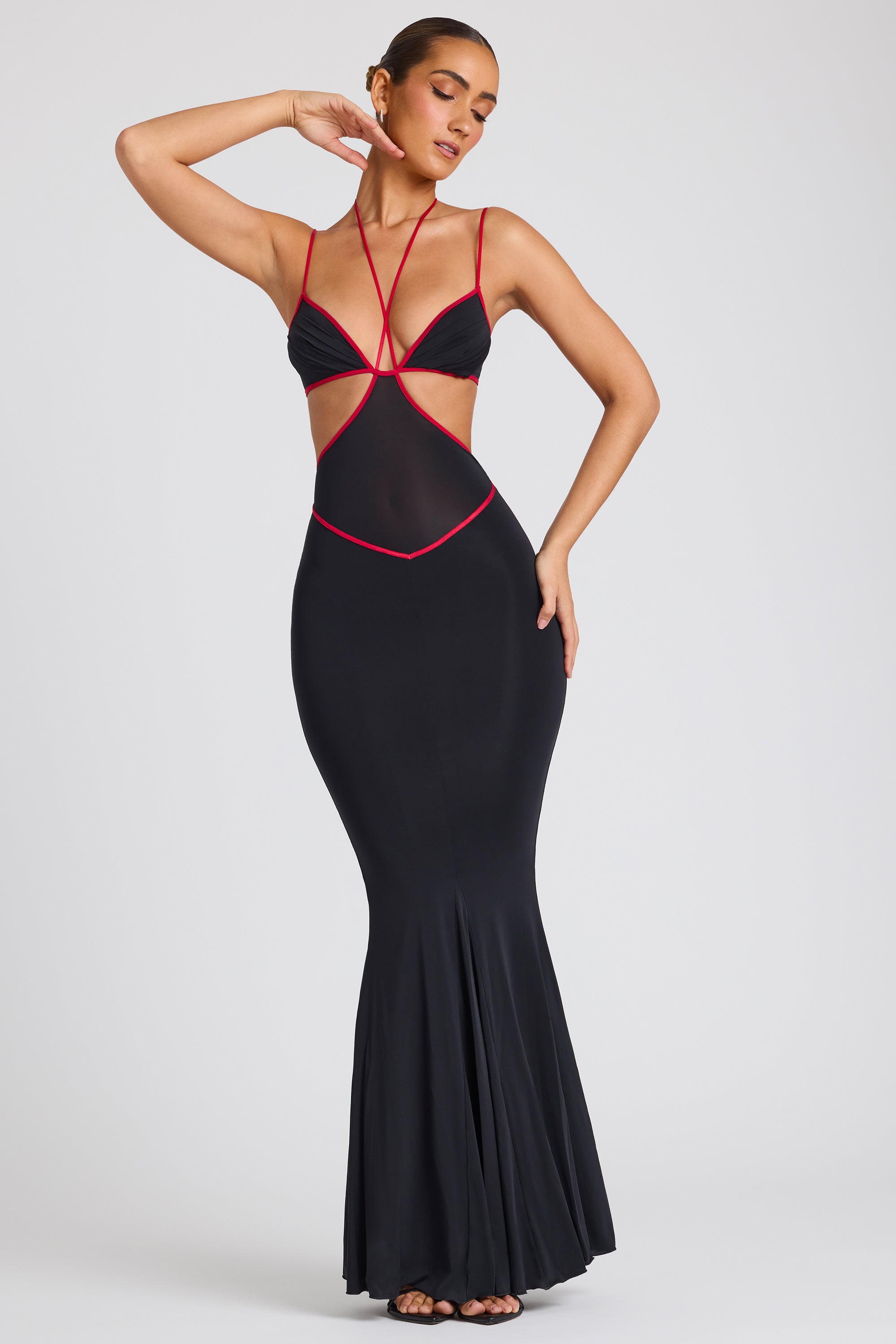 Contrast Binding Cut Out Evening Gown in Black、mySite、solidvoid