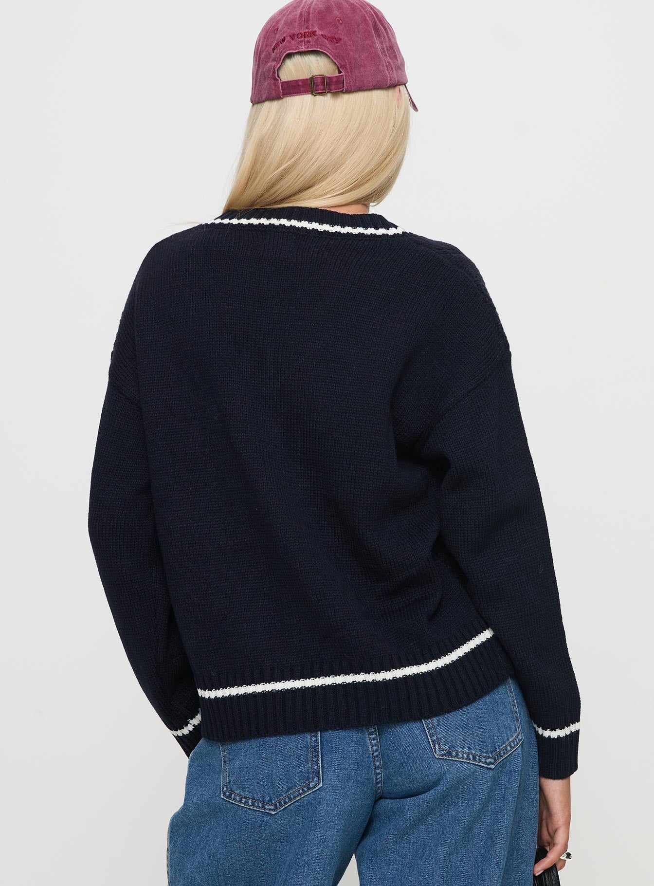 Covina V Neck Knit Sweater Navy、mySite、solidvoid