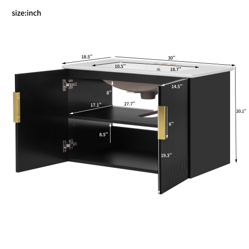 30" Vintage Bathroom Vanity with Ceramic Sink, with 3 Holes Single Ceramic Sink, Bathroom Storage Vanity Cabinet with 2 Soft Closing Doors、、xpatfood