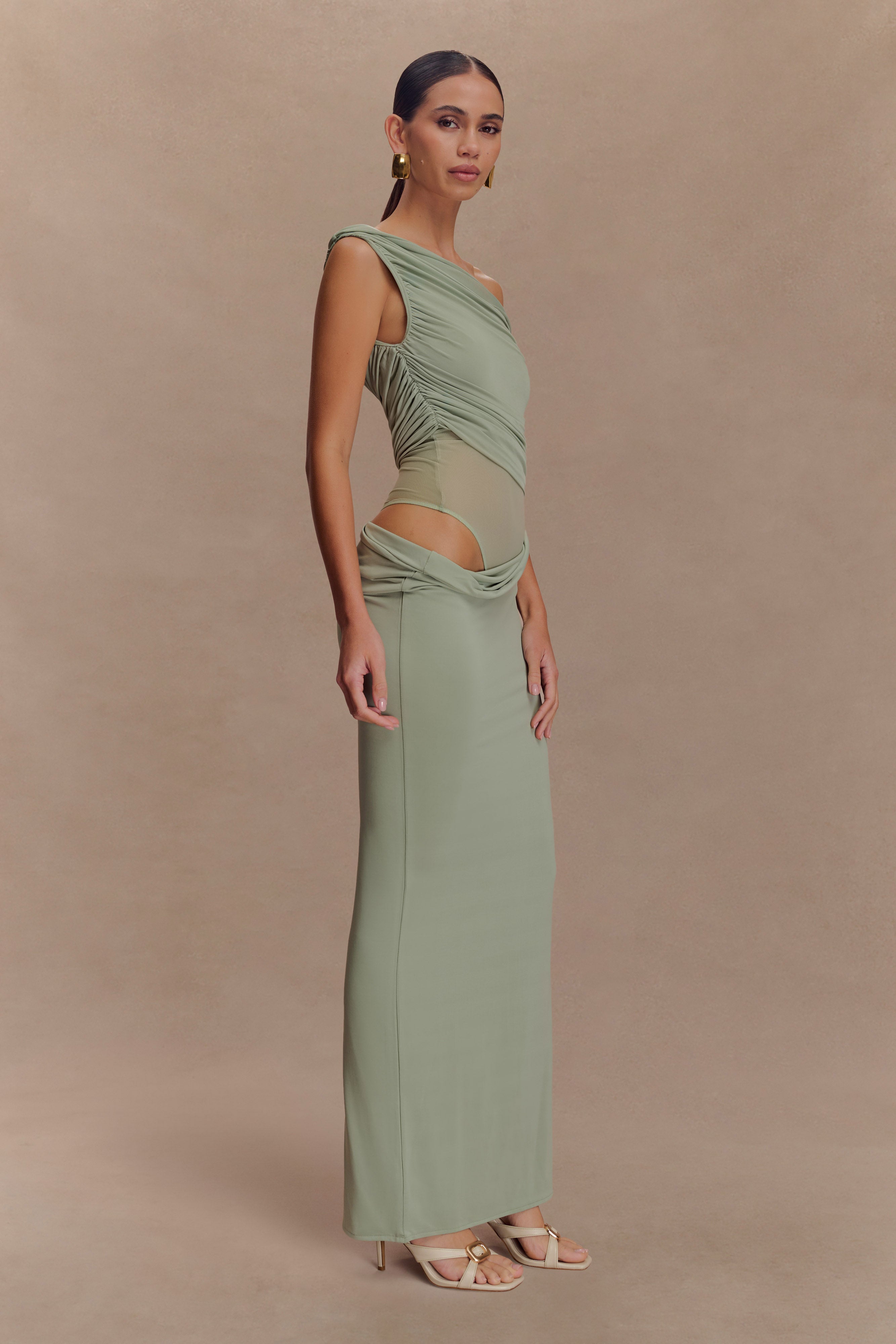 Callen One Shoulder Slinky Maxi Dress - Sage、mySite、solidvoid