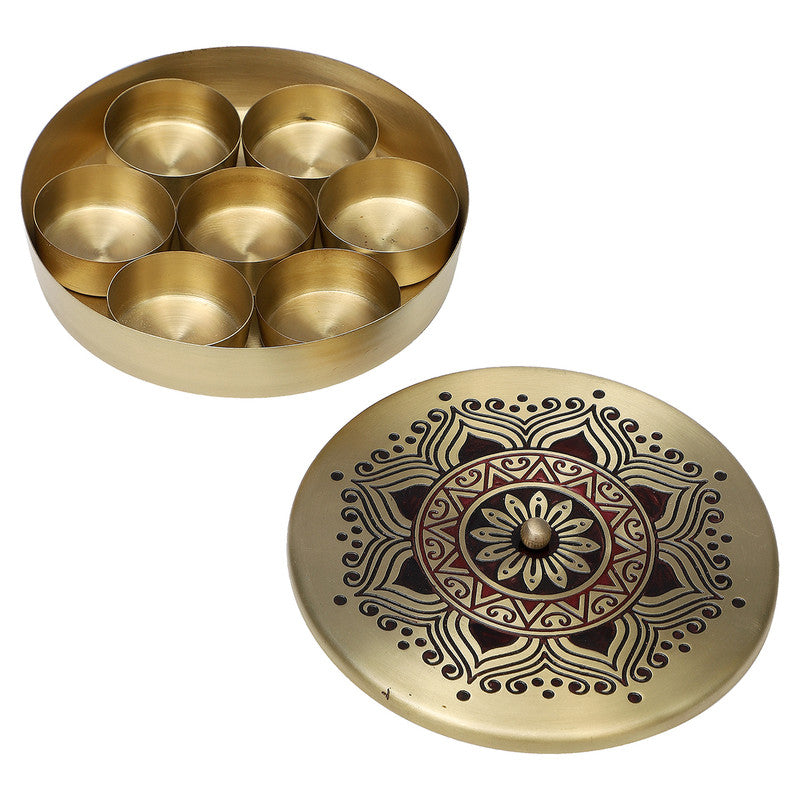 Brass Masaladan with Brass Diya | Masala Box | Maroon & Gold、mySite、camillekostekn