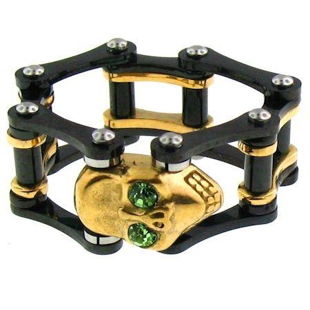 Green CZ Eyed 18K Gold PVD Coated Skull Black Bike Chain Stainless Steel Ring / SCR3095、mySite、dreamappss