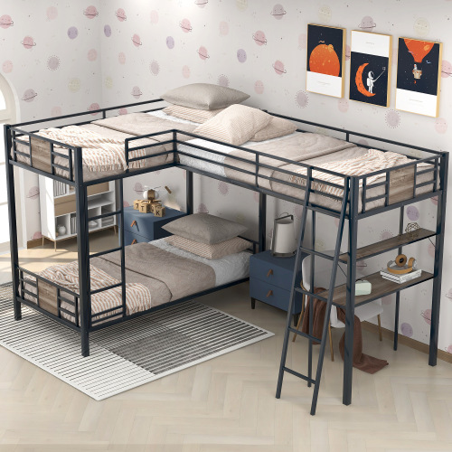 L-Shaped Twin over Twin Bunk Bed with Twin Size Loft Bed with Desk and Shelf ,Brown、、casual