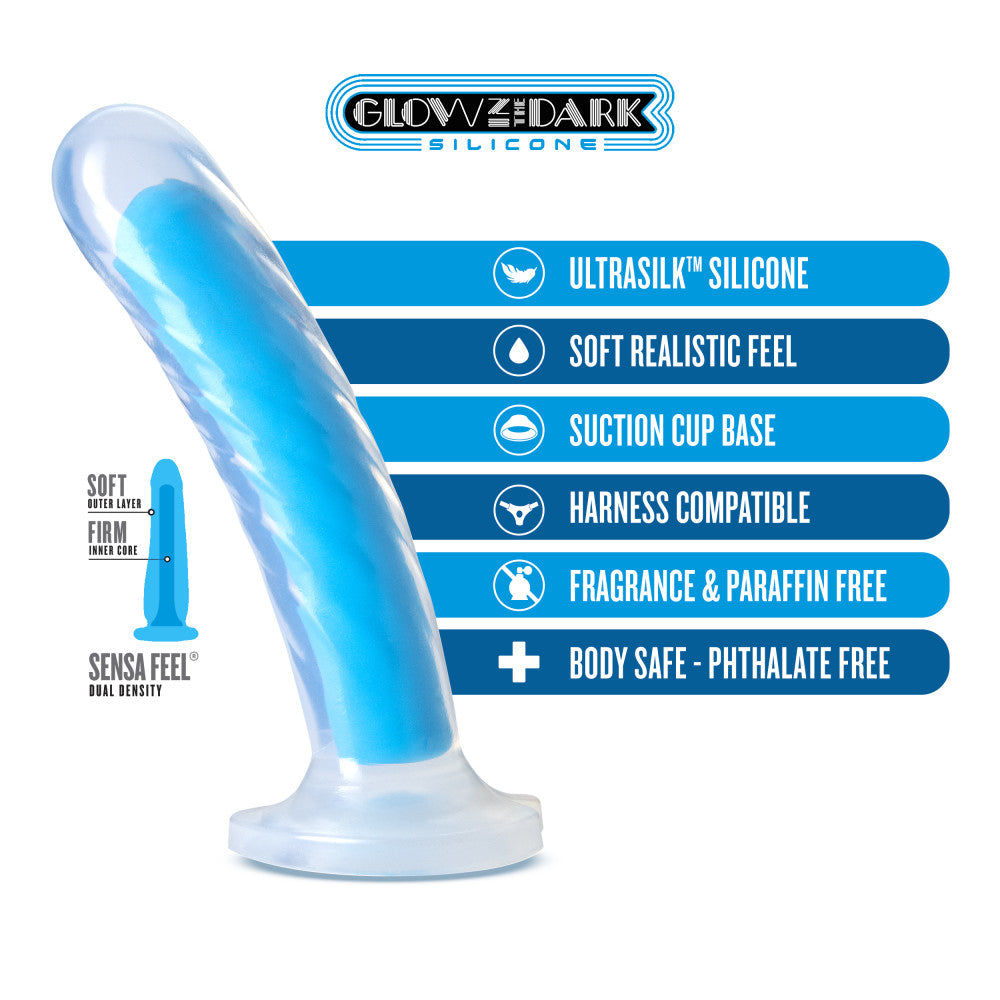 Neo Elite By Blush® | Tao Glow In The Dark Neon Blue: 7-Inch Long Dildo - Made with Purio™ Silicone & SensaFeel® Dual Density Realistic Technology、mySite、bottomscart
