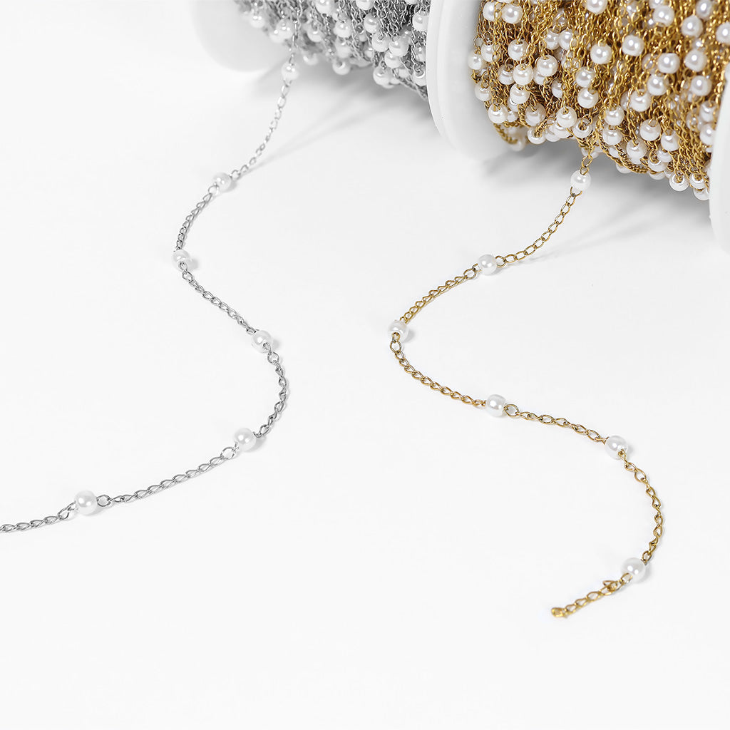 18K PVD Stainless Steel Faux Pearl Cable Chain By The Foot / SPL1013、mySite、dreamappss