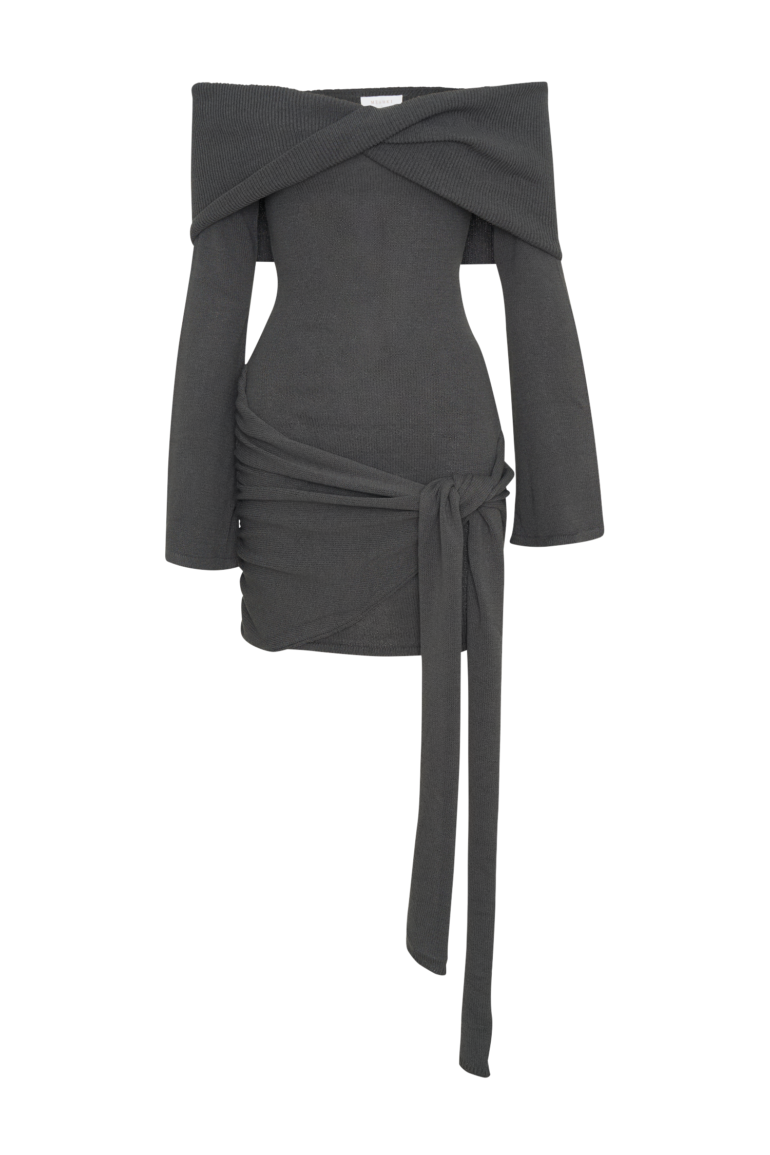 Camryn Off Shoulder Tie Knit Mini Dress - Charcoal、mySite、solidvoid