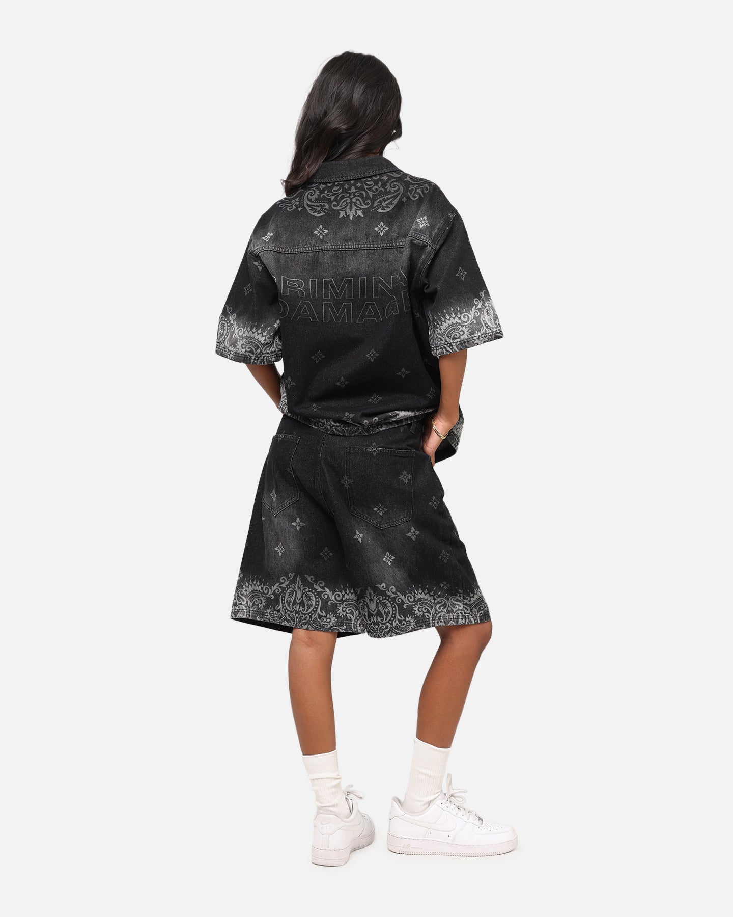 Criminal Damage Laser Print Denim Button Up Shirt Washed Black、mySite、zt4zffjzw