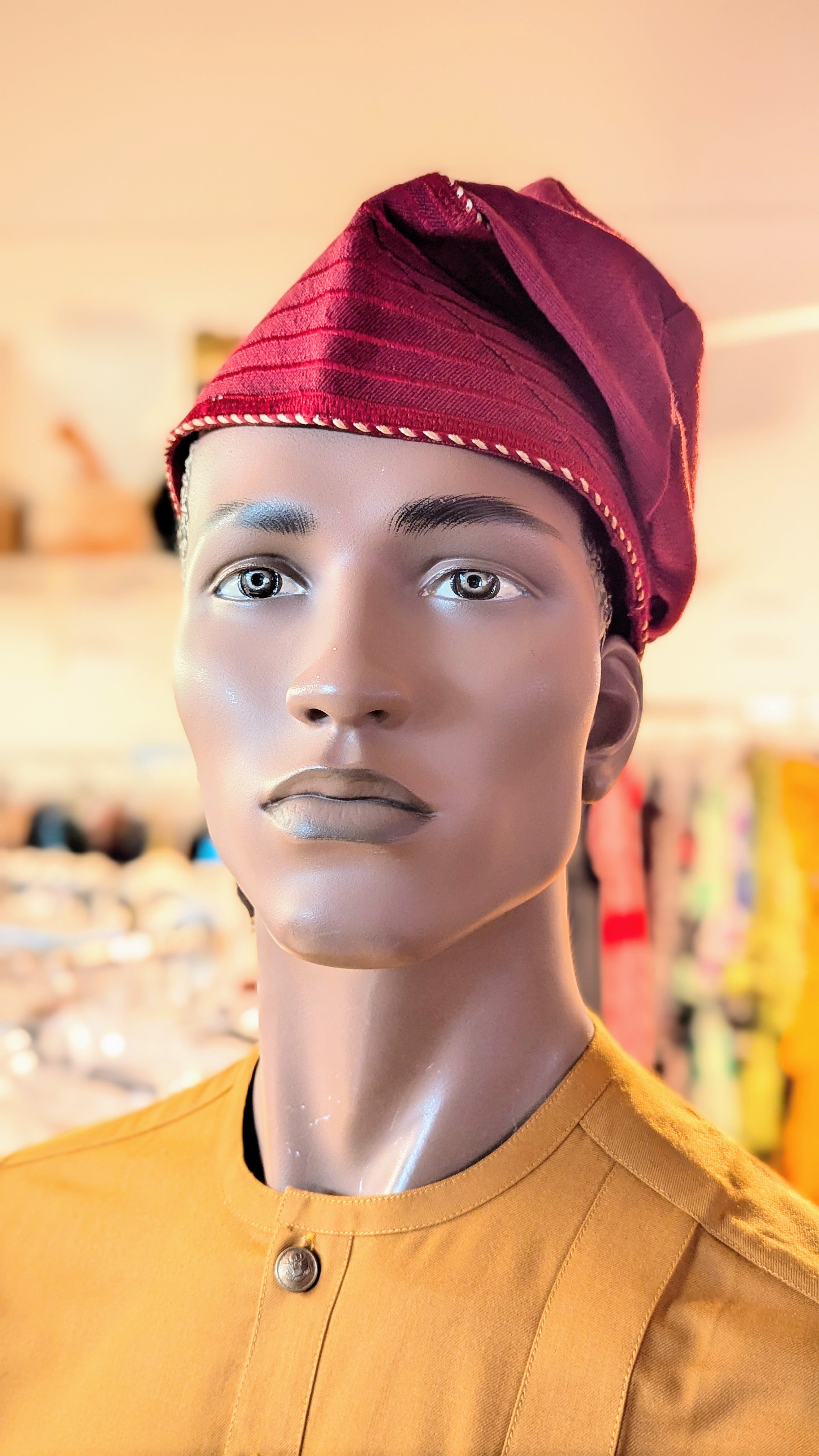 Dupsie's Kola Burgundy Aso Oke African Hat Fila Cap Kufi DPHABAH49、mySite、solidvoid