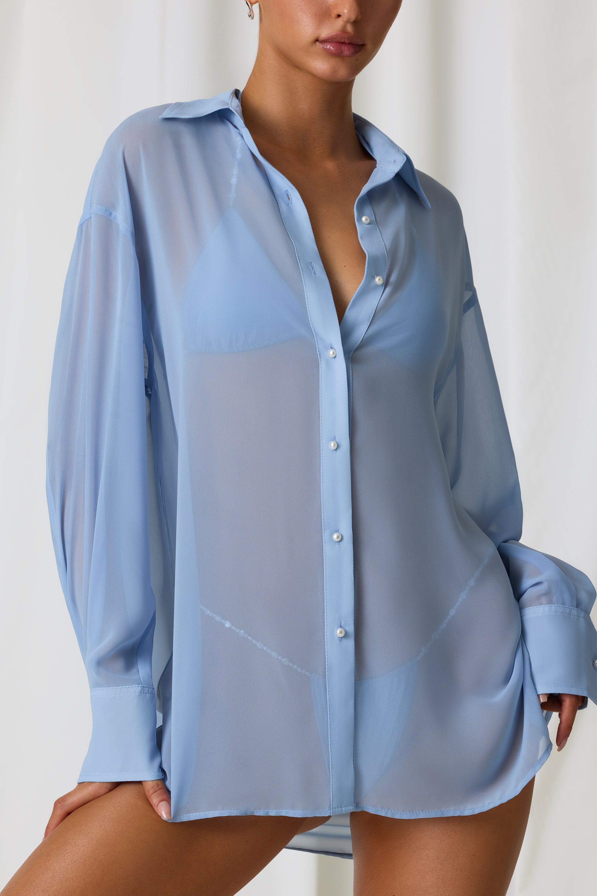 Pearl-Detail Oversized Shirt in Sky Blue、mySite、solidvoid