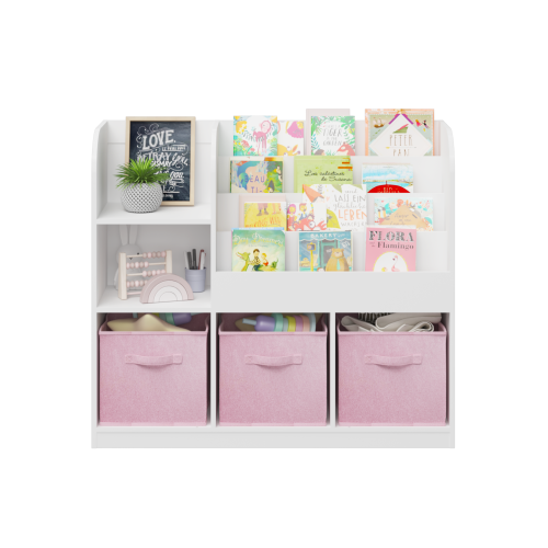 Kids Bookcase and Bookshelf, Multifunctional Bookcase with 3 Collapsible Fabric Drawers, Bookcase Display Stand, Toy Storage Organizer for Bedroom, Playroom, Hallway (White/Pink)、、casual