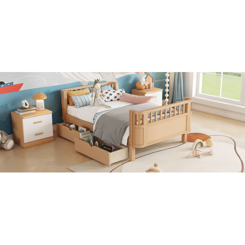 Twin Size Wood Platform Bed for Kids, Wood Low Profile Twin Bed with Rails for Girls and Boys, Natural (Patented Design) , Expect Arrival Date 2025/9/15、、eastwooduniform